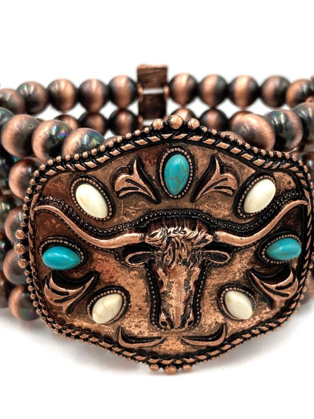 NWT Longhorn Western Trophy Buckle Turquoise White Bead Stretch Bracelet Copper